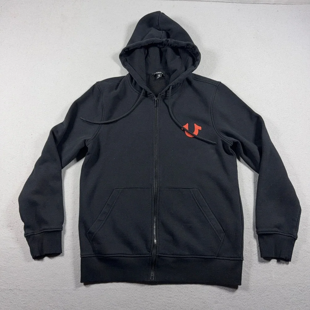 True Religion Zip Up Hoodie Men Small Graphic Logo Black Red Buddha Streetwear